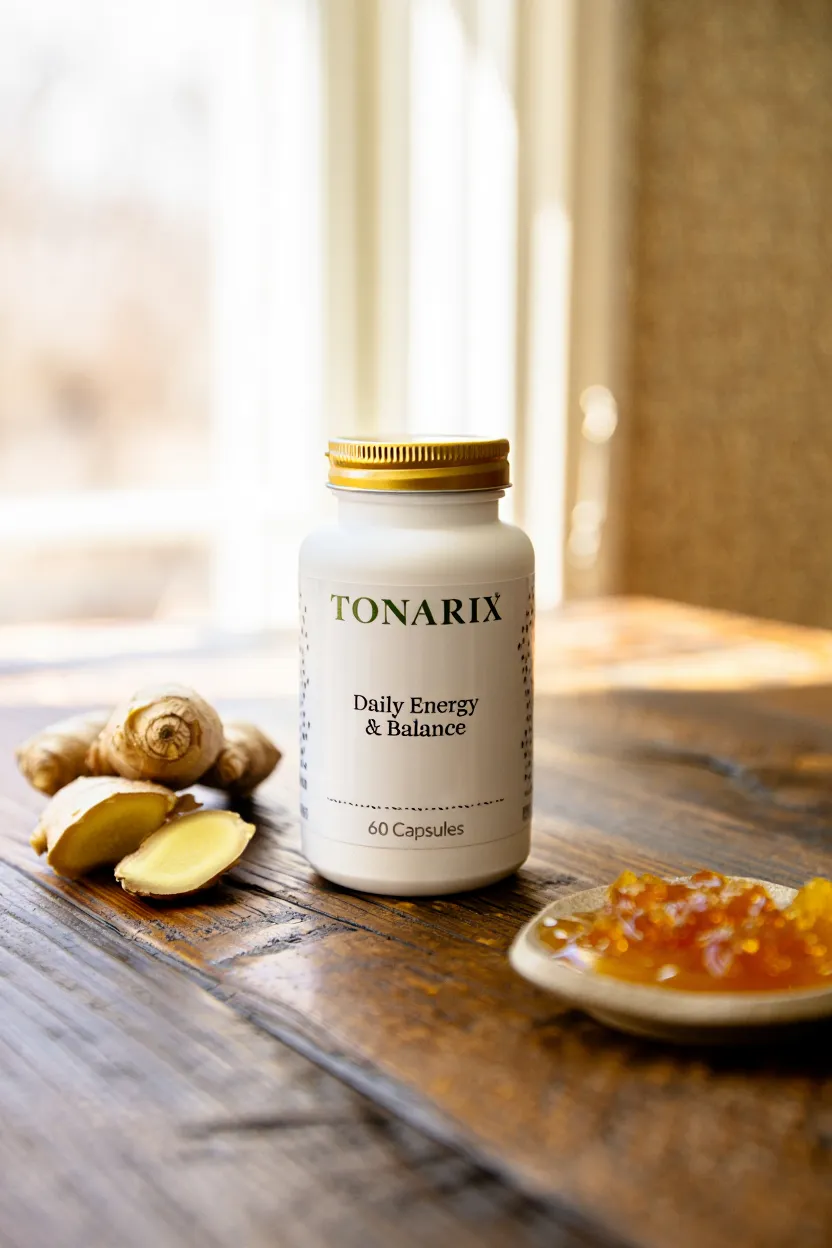 Tonarix supplement bottle with natural ingredients for daily energy and balance